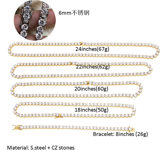 Unisex Stainless Steel Tennis Chain Necklace with Crystal Pendant Look, 6mm Gold & Silver Chain