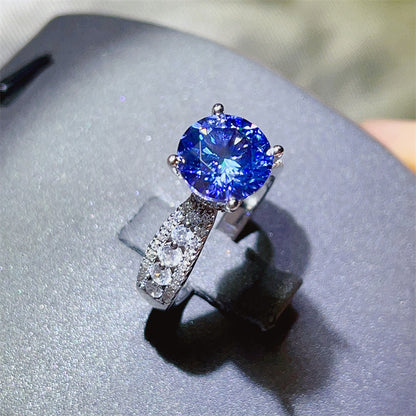Blue Moissanite Ring for Women, Round Halo-Style Engagement Ring, 2 Carat or 3 Carat Pavé Band