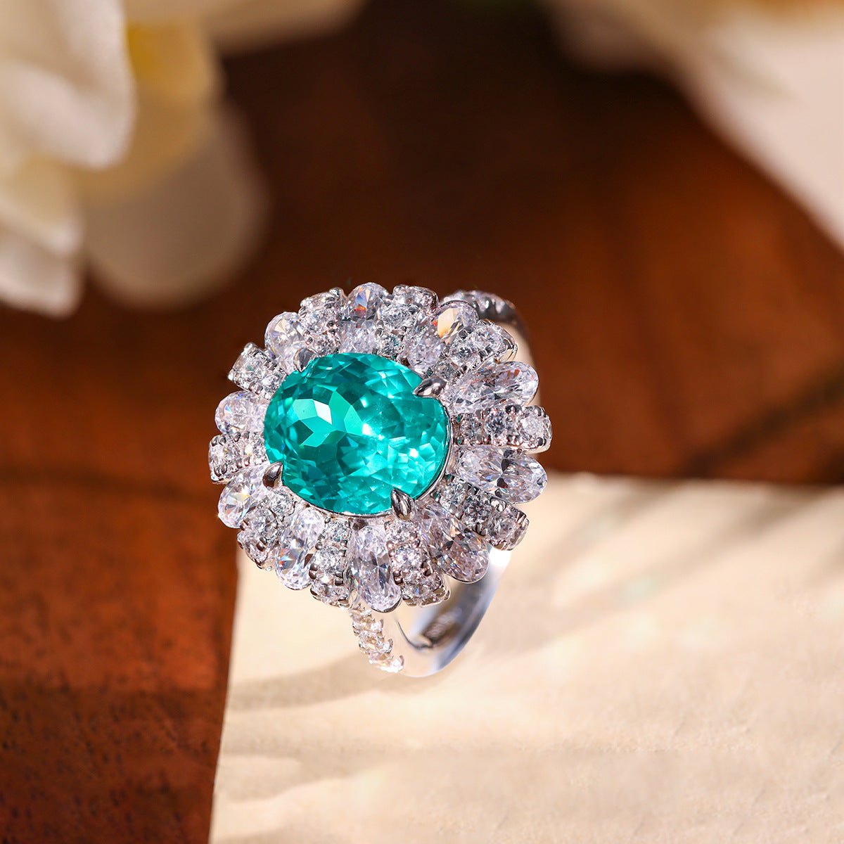 5 Carat Oval Teal Halo Ring for Women, S925 Silver, 18K Gold Plated product image