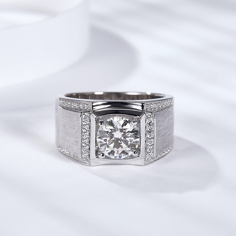 Moissanite Wedding Ring for Men, Wide Brushed Band with Round Center Stone product image