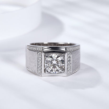 Moissanite Wedding Ring for Men, Wide Brushed Band with Round Center Stone