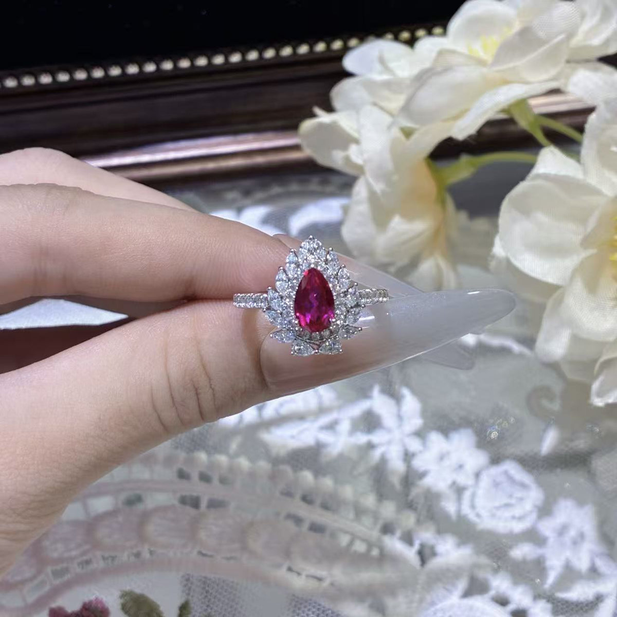 S925 Sterling Silver Lab-Grown Ruby Halo Ring for Women, Teardrop Floral Pavé Ring product image