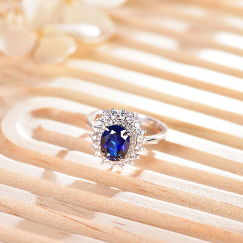 Blue Sapphire Halo Ring, Oval Center Stone Promise Ring, Double Halo Engagement Style Ring product image