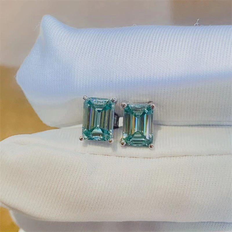 Green Moissanite Stud Earrings, Emerald Cut Geometric Unisex Earrings product image