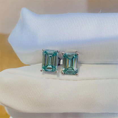 Green Moissanite Stud Earrings, Emerald Cut Geometric Unisex Earrings