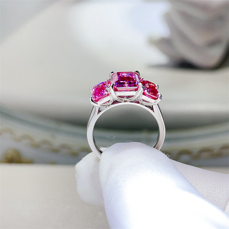 Pink Emerald Cut 5 Carat 3-Stone Moissanite Ring for Women, VVS1 Geometric Engagement Ring product image