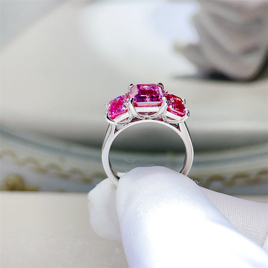 Pink Emerald Cut 5 Carat 3-Stone Moissanite Ring for Women, VVS1 Geometric Engagement Ring