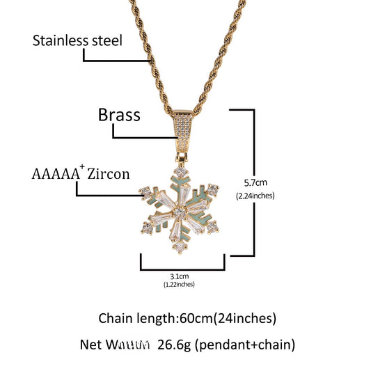 Iced Snowflake Pendant Necklace for Women – Gold Plated or Silver Plated Twist Chain Statement Necklace