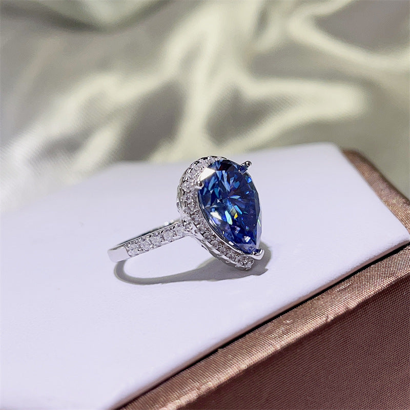 Blue Pear Cut Moissanite Halo Ring for Women, 1 Carat 2 Carat 5 Carat Engagement Ring product image