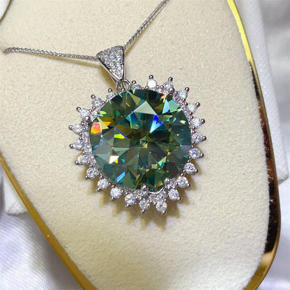 Green Moissanite Pendant Necklace with Halo Setting, 20 Carat Oversized Statement Pendant