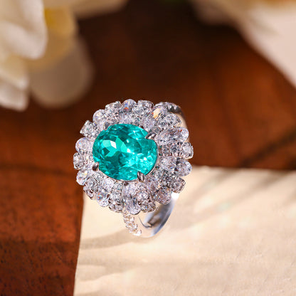 5 Carat Oval Teal Halo Ring for Women, S925 Silver, 18K Gold Plated