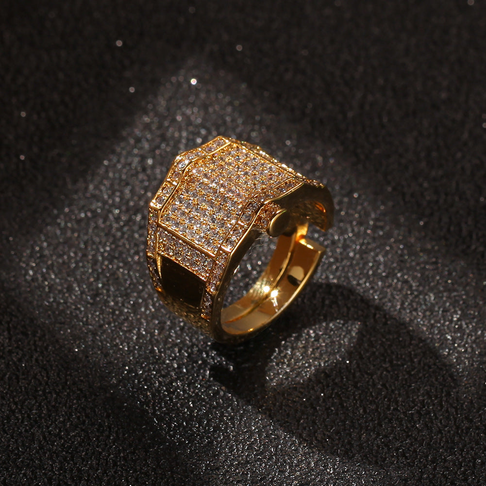 Unisex Hip Hop Gold Plated Statement Ring with Crystal Pave - Trendy Stackable Band for Women and Men