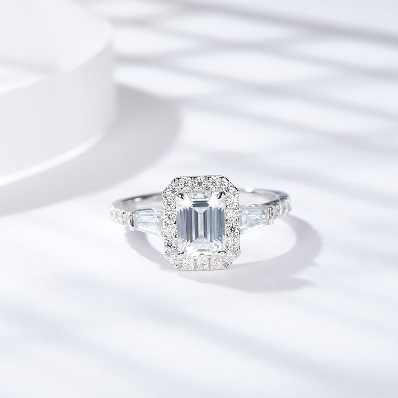 Emerald Cut Moissanite Halo Ring for Women, Engagement Ring, Promise Ring product image