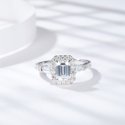 Emerald Cut Moissanite Halo Ring for Women, Engagement Ring, Promise Ring