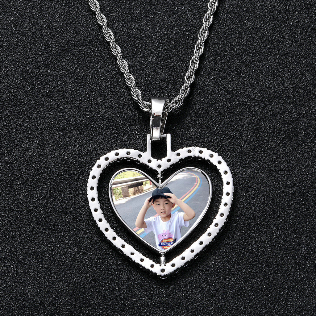 Hip Hop Heart Photo Frame Copper Necklace for Men and Women
