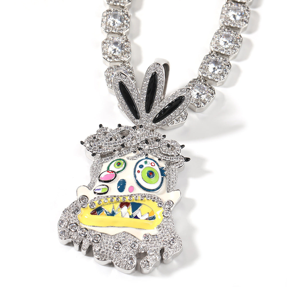 Iced Out Cartoon Monster Pendant Necklace with 24 Inch Twist Chain, Cubic Zirconia Hip Hop Statement Jewelry for Women and Teen Girls product image