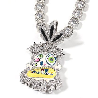 Iced Out Cartoon Monster Pendant Necklace with 24 Inch Twist Chain, Cubic Zirconia Hip Hop Statement Jewelry for Women and Teen Girls