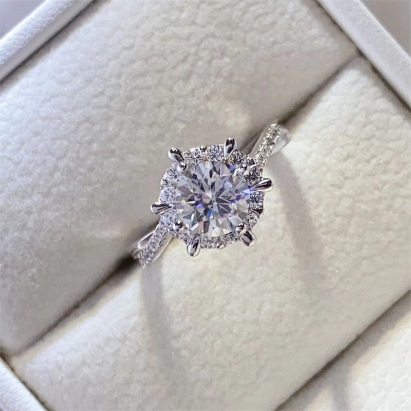 Moissanite Halo Ring for Women, Round Engagement Ring with Pave Band, Promise Ring Sizes 9-19 product image