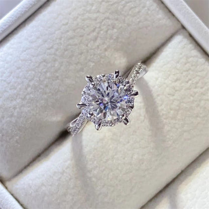 Moissanite Halo Ring for Women, Round Engagement Ring with Pave Band, Promise Ring Sizes 9-19