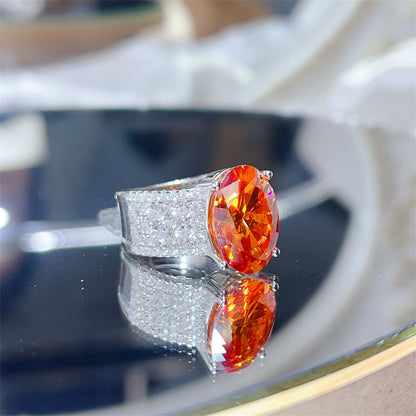 Oval Orange Moissanite Halo Ring for Women, Wide Pave Engagement Ring