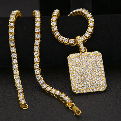 Iced Out Rectangle Pendant Necklace with Cuban Chain for Women and Men, Gold or Silver Crystal Statement Chain