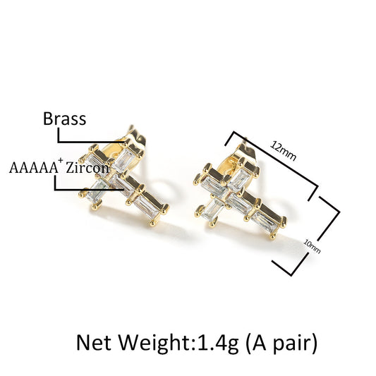 Unisex Cross Cubic Zirconia Stud Earrings in Gold or Silver Tone