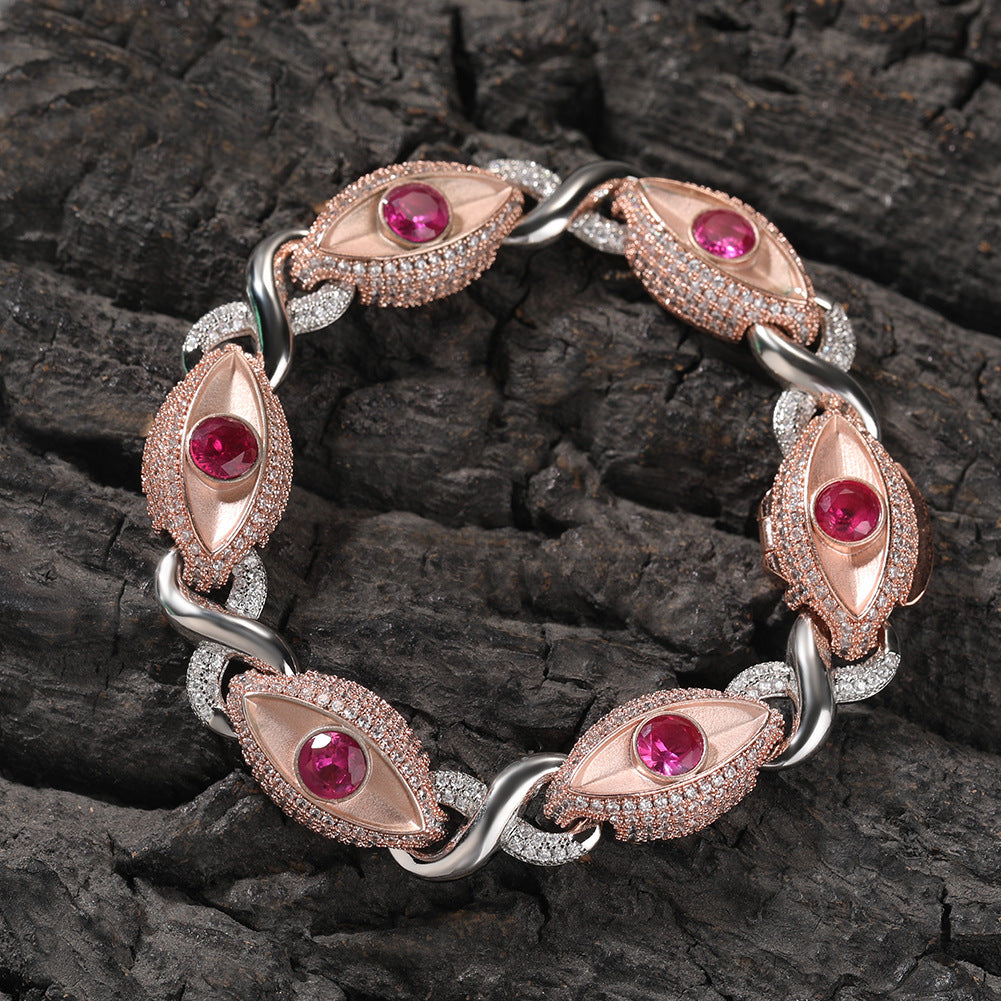 Iced Evil Eye Cuban Link Necklace Bracelet for Women & Men, Silver Tone Copper Chain with Red Cubic Zirconia