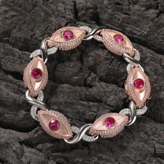 Iced Evil Eye Cuban Link Necklace Bracelet for Women & Men, Silver Tone Copper Chain with Red Cubic Zirconia