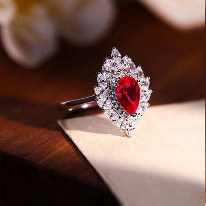 Pear-Shaped Red Halo Ring in 925 Silver, Floral Teardrop Ring