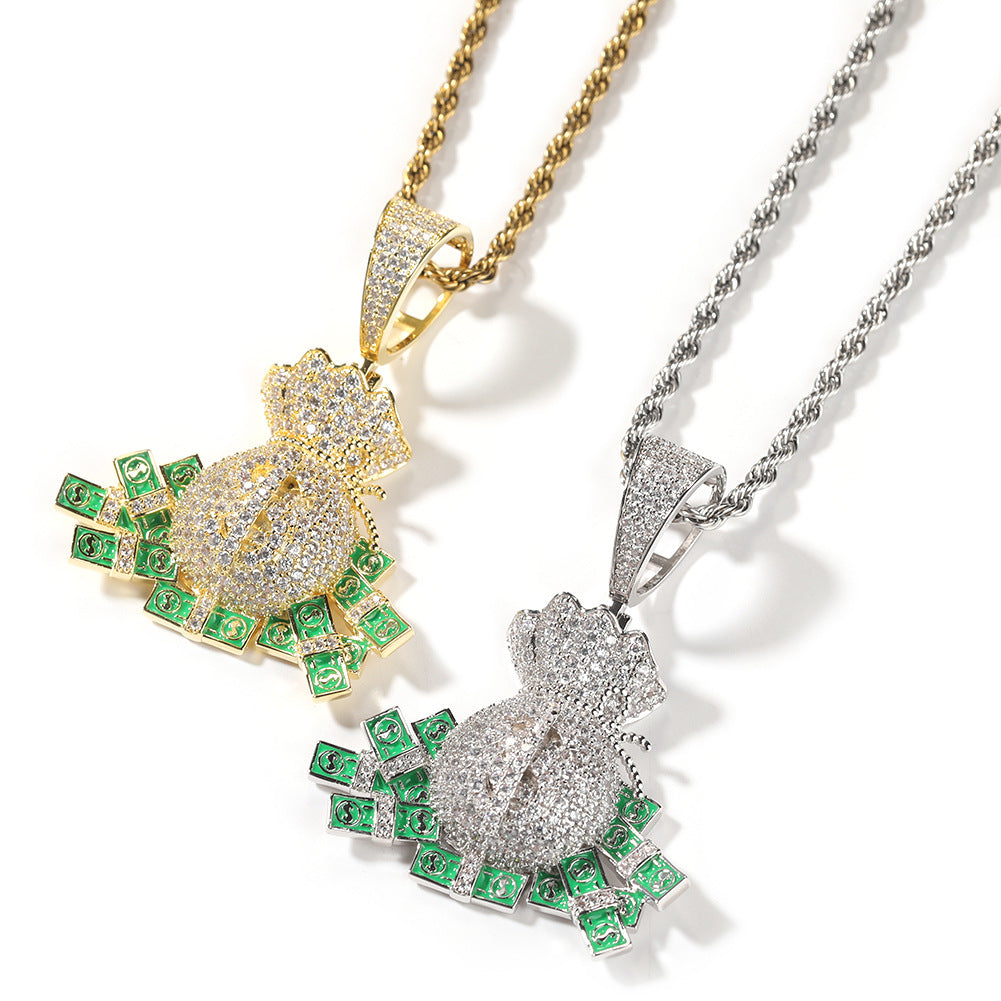 Iced Money Bag Pendant Necklace with Cuban Twist Chain for Women & Men - Gold or Silver Plated Cubic Zirconia Hip Hop Statement Jewelry