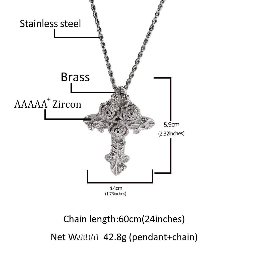 Vintage Rose Cross Pendant Necklace with Cubic Zirconia Twisted Chain for Women