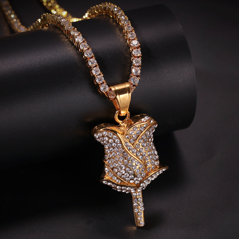 Iced Peace Sign Pendant Necklace for Women in Gold Tone Stainless Steel with Cubic Zirconia Round Hip Hop Chain