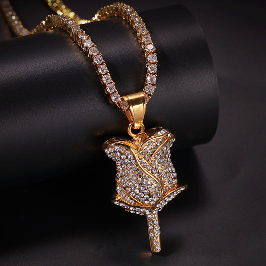 Iced Peace Sign Pendant Necklace for Women in Gold Tone Stainless Steel with Cubic Zirconia Round Hip Hop Chain