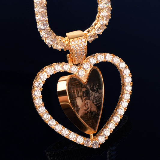 Unisex Iced Out Heart Photo Pendant Necklace