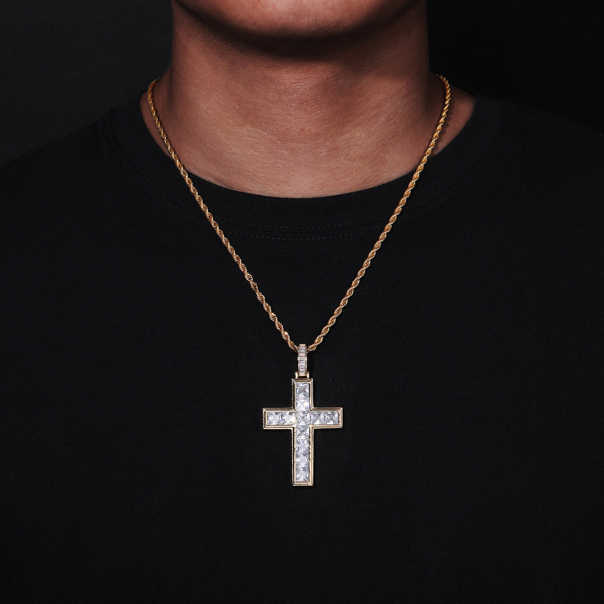 Men's Copper Cross Pendant Necklace, Zirconia Rope Chain, Hip Hop Style product image