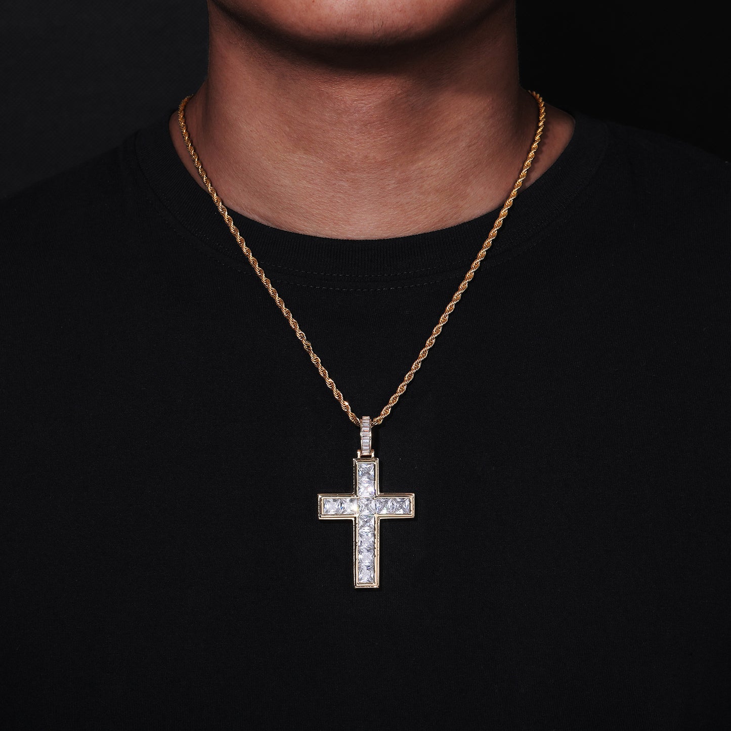 Men's Copper Cross Pendant Necklace, Zirconia Rope Chain, Hip Hop Style product image