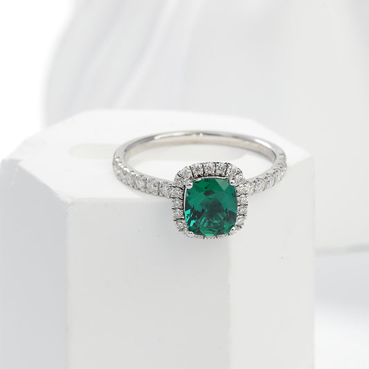 S925 Sterling Silver Lab-Grown Emerald Halo Ring, Cushion Cut alternate product image