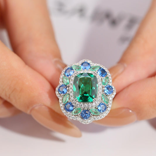 5 Carat Moissanite Halo Ring, Green Center Stone, Blue Accent Ring, S925 Sterling Silver product image