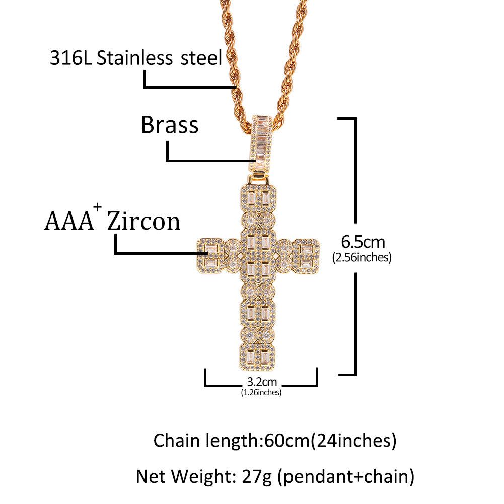 Iced Out Cross Pendant Necklace with Cubic Zirconia Twisted Chain for Women and Men