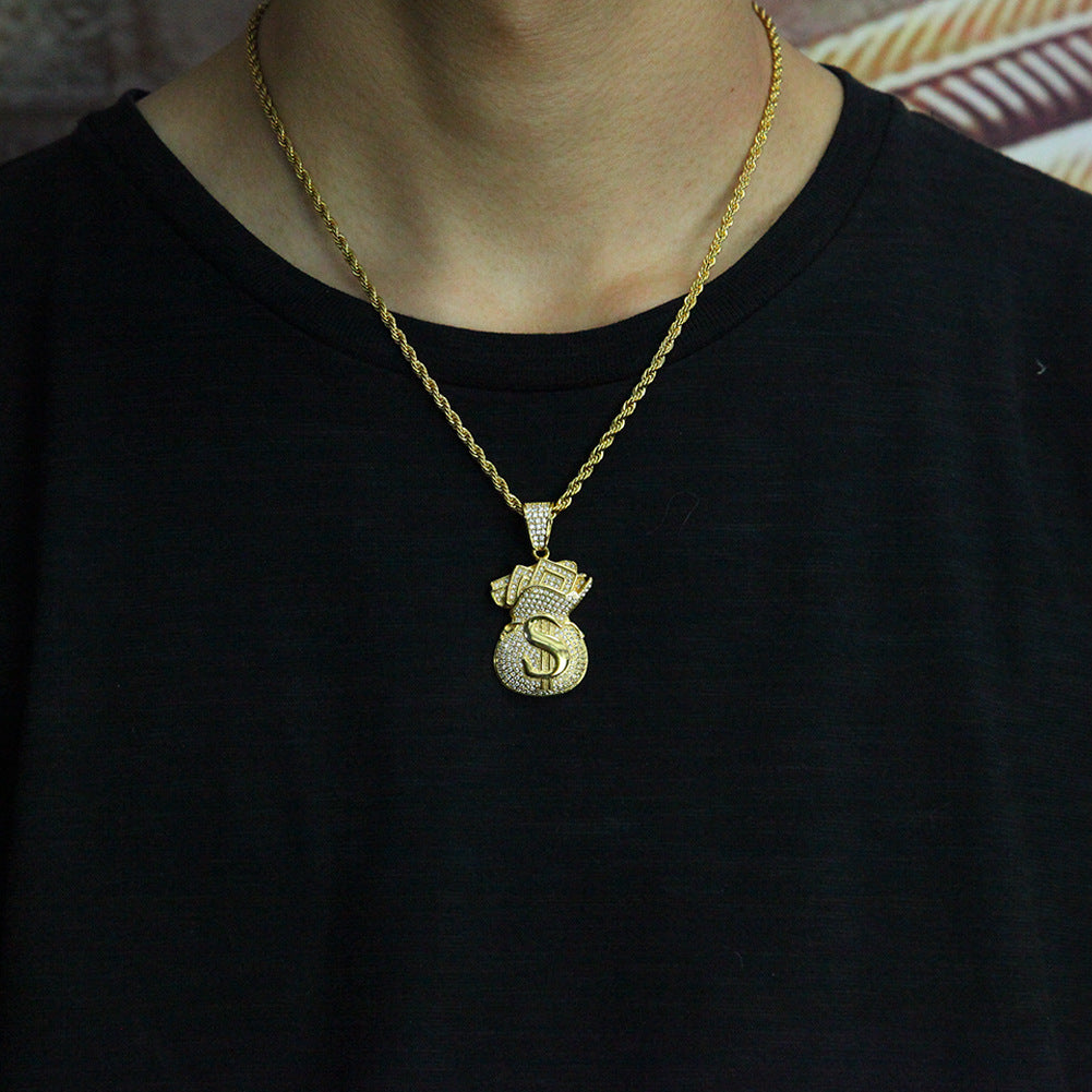 Gold Plated Money Bag Pendant Necklace with Cubic Zirconia on 24 Inch Twisted Stainless Steel Chain