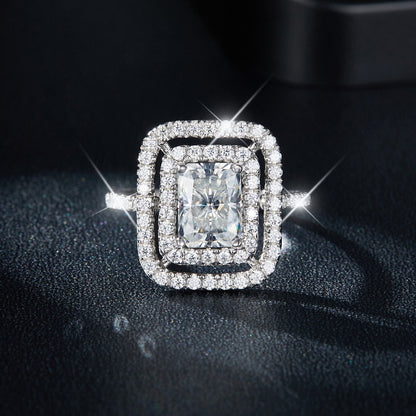 2 Carat Radiant Cut Moissanite Double Halo Ring, 925 Silver 18K Gold Plated