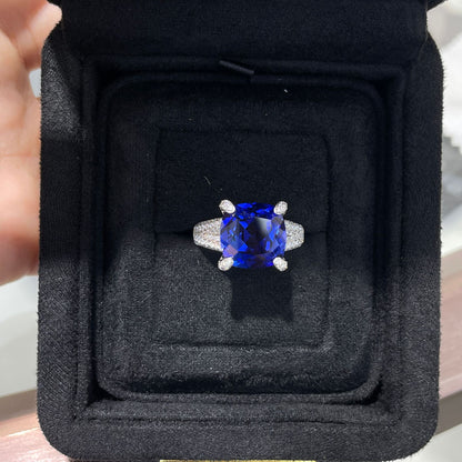 Sterling Silver Blue Cushion Cut Statement Ring for Women