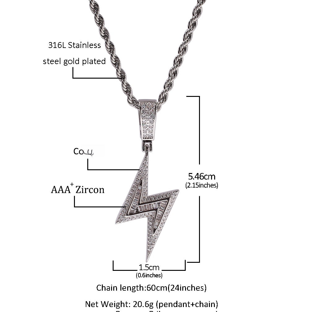 Lightning Bolt Cubic Zirconia Pendant Necklace for Women – Hip Hop Statement Chain in Gold or Silver Tone