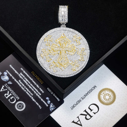 Moissanite Cross Pendant Necklace, Round Disc Iced-Out Rope Chain