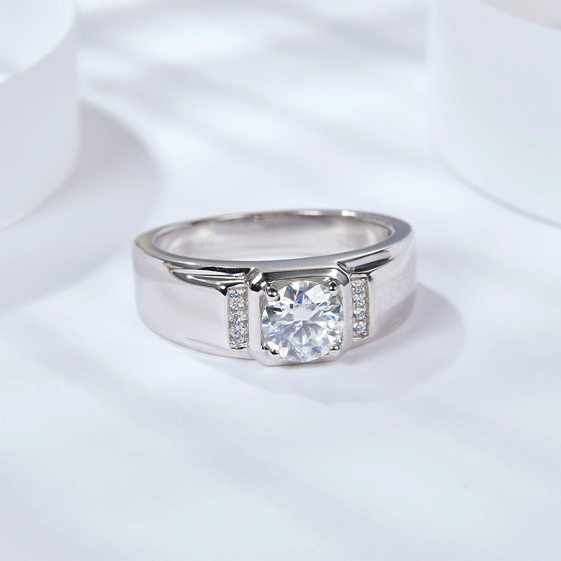 Men’s 1 Carat Moissanite Ring, 18K Gold Plated Wedding Band with Round Center Stone and Side Accents product image