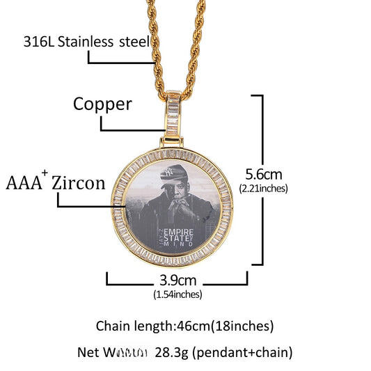 Unisex Hip Hop Round Photo Pendant Necklace with Cubic Zirconia Rope Chain in Gold, Silver & Rose Gold