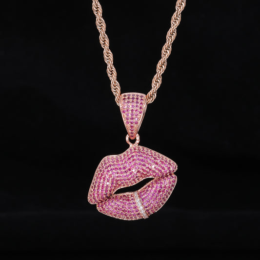 Rose-Tone Zircon Lips Pendant Rope Chain Necklace for Men alternate product image