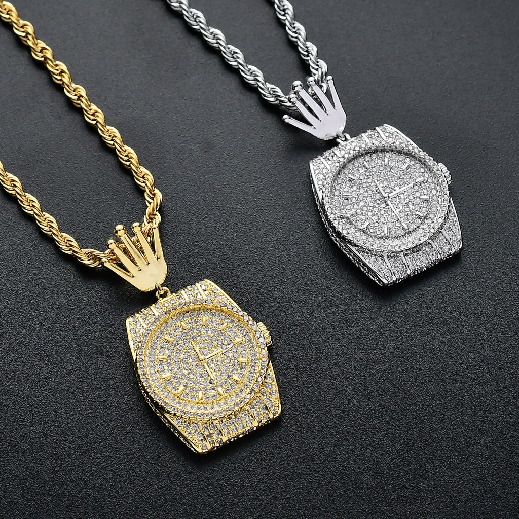 Hip Hop Crown Cubic Zirconia Pendant Necklace for Men and Women