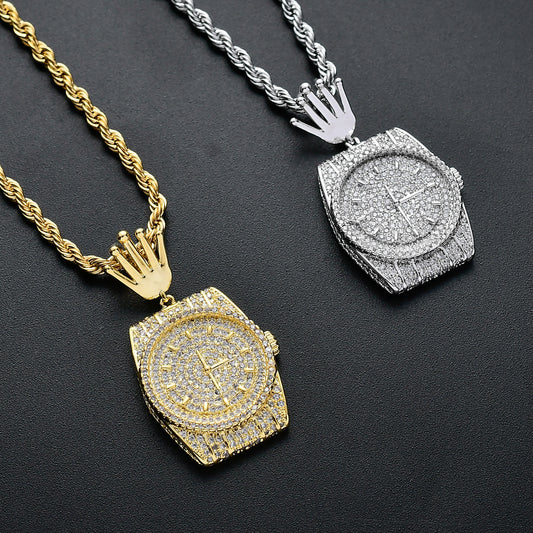 Hip Hop Crown Cubic Zirconia Pendant Necklace for Men and Women