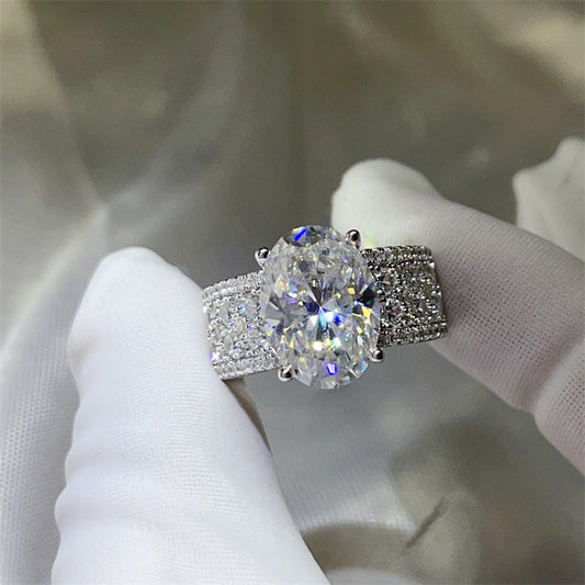 8 Carat Oval Moissanite Halo Ring for Women, Wide Pavé Engagement Ring, D Color Statement Ring